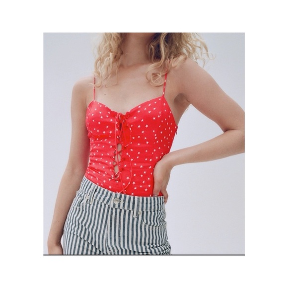 NWT ZARA Bodysuit Lace Up Satin Effect Red & White Stars Sleeveless High Cut S - Picture 2 of 11